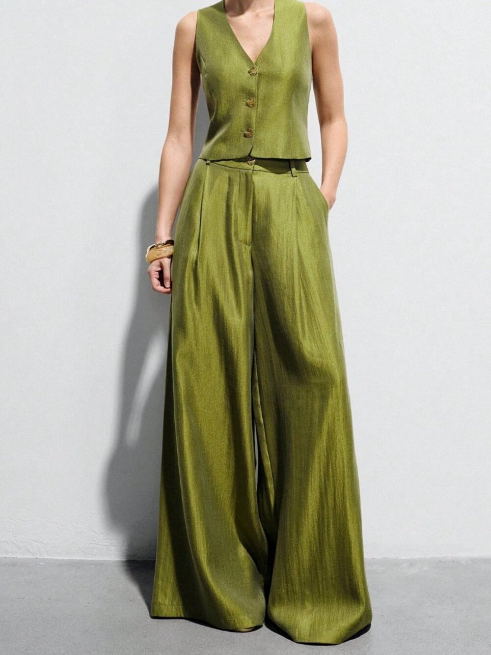 Green Elegant Women's Tailored Vest & High-Waisted Pants Suit Set
